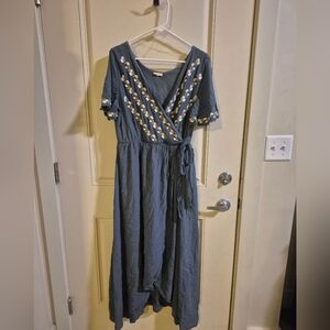 Embroidered Blue Wrap Dress
